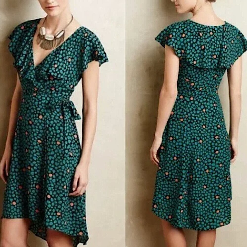 EUC ANTHROPOLOGIE RUFFLE FAUX WRAP DRESS,  US 2 / FR 34